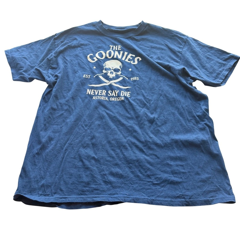The Goonies Mens Never Say Die Astoria Oregon T-Shirt XL Blue Movie Tee